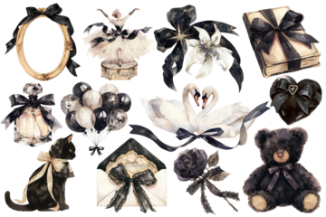 PNG watercolor black coquette design element set, transparent background