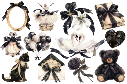 PNG watercolor black coquette design element set, transparent background - Powered by Adobe