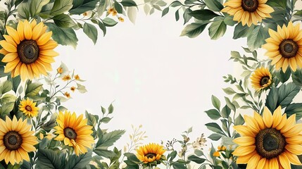 A vibrant sunflower frame with green leaves, perfect for enhancing various creative projects and adding a touch of nature.