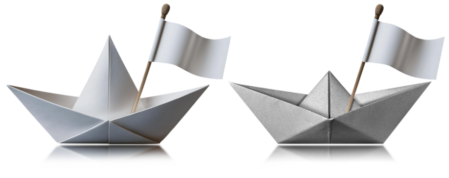 Close-up of a white paper boat with empty white flag with copy space, isolated on transparent or white background, png. Collection and variation. Generative Ai. - Powered by Adobe