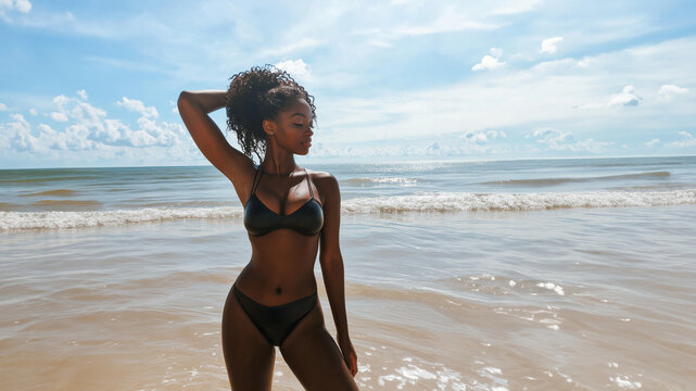 Attraktive Influencerin im Strandurlaub. Sonnengebr&auml;unte Frau in Bikini am azurblauen Meer. Tropisches Paradies mit Palmen. Lifestyle-Aufnahme f&uuml;r Social Media. Sommerliche Urlaubsatmosph&auml;re