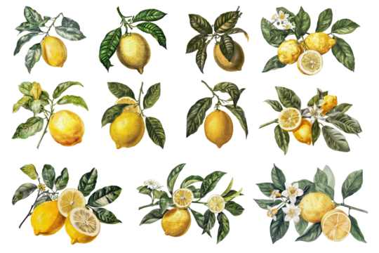 PNG vintage lemon illustration design element set, transparent background