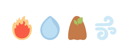 Nature elements water, fire, air and soil set. Drop, flame, wind and ground. Environment. Flat vector illustration
