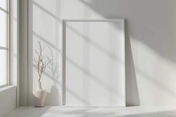 Fototapeta premium A decorative frame sits next to a plant in a vase, ideal for home decor or office use