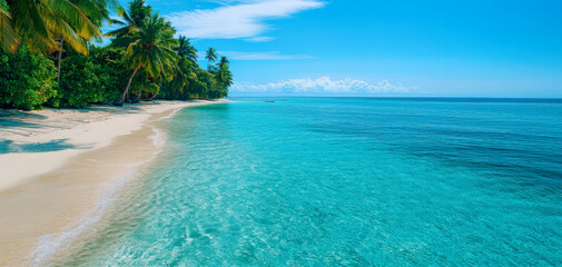 A serene tropical beach with clear turquoise water, soft sand, and lush palm trees, ideal for relaxation and vacation escapes.