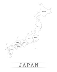 Administrative regions of JAPAN. Province, state, division name with white map with black outline. Vector illustration	