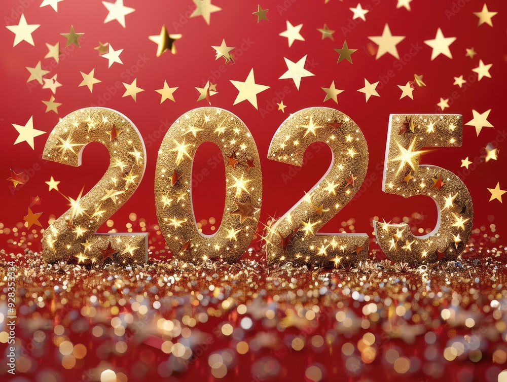 Poster a red background with gold stars and the number sign 