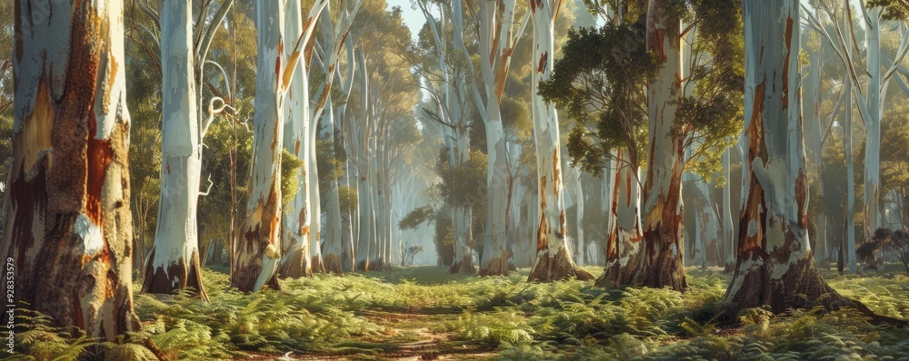 Poster Thick eucalyptus grove with aromatic leaves, 4K hyperrealistic photo