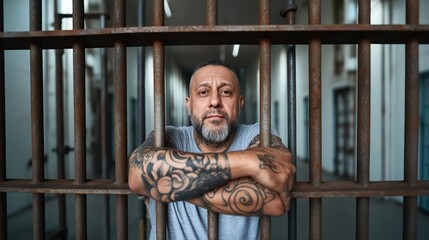 Man with tattoos behind prison bars in a jail environment.