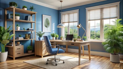 Fototapeta premium A calming and organized blue-themed home office with a comfortable chair, wooden desk, and decorative accents, surrounded by soothing natural light and plants.