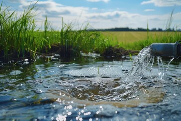 Fototapeta premium Clean healthy water pumped by diesel engine in wheat fields unreachable by river water