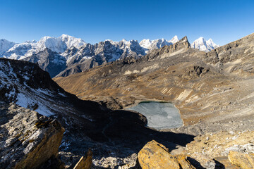 Renjo La, Nepal: Dramatic view on the Thame valley in the Himalayas from the Renjo La pass along the 3 high passes trek in the Everest region in Nepal