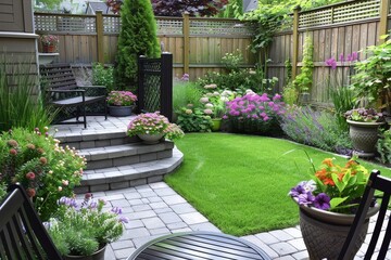Fototapeta premium Charming backyard garden with wooden fence, green grass, and a comfortable bench amidst flower beds, reflecting simple Montreal-style home design.