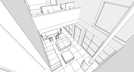 interior kitchen living room 3d illustration	
