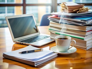 Fototapeta premium A cluttered office desk with an open laptop, stacked financial reports, and a steaming coffee cup, surrounded by pens and notes, with ample copy space.