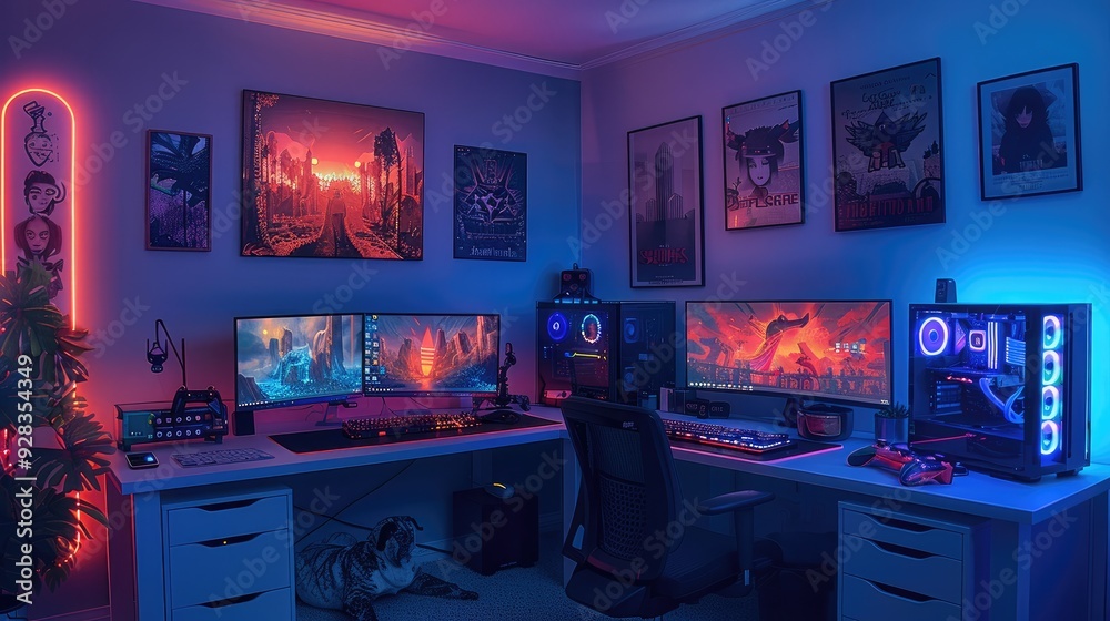 Aufkleber gaming room with a dual-monitor setup on a sleek desk, vibrant led strips along the walls, and a col