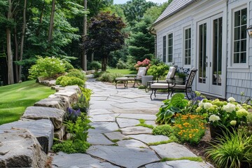 Obraz premium Charming backyard patio with stone walkway and seating area surrounded by greenery in a New England home garden.