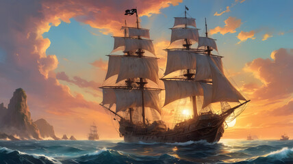 Obraz premium ship at sunset, ai generated