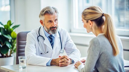 Obraz premium A compassionate doctor in a white coat sits with a concerned patient, providing reassuring guidance and expert medical advice in a serene office setting.