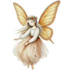 Fairy wearing a flower crown and a flowing dress with orange butterfly wings. Watercolor isolated on transparent background.