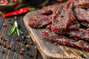 Close up of beef jerky on wooden board