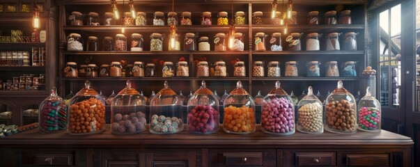 Old-fashioned candy store with jars of sweets, 4K hyperrealistic photo