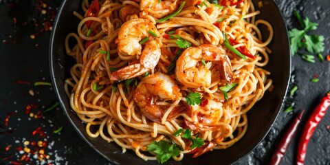 Top view of stir fried spicy shrimp spaghetti or drunken spaghetti phad kee mao