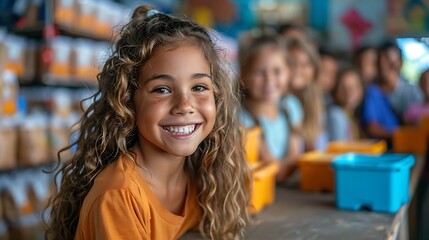 Fototapeta premium A dynamic shot of children happily receiving school supplies from volunteers in an urban community center, with colorful murals and posters in the background. The atmosphere is lively and joyful,