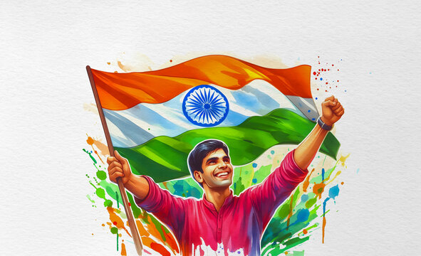 A Watercolor vibrant illustration of A joyful young Indian Man, full of pride and energy, holds a large Indian tricolour National flag above his head in celebration of Independence and Republic Day