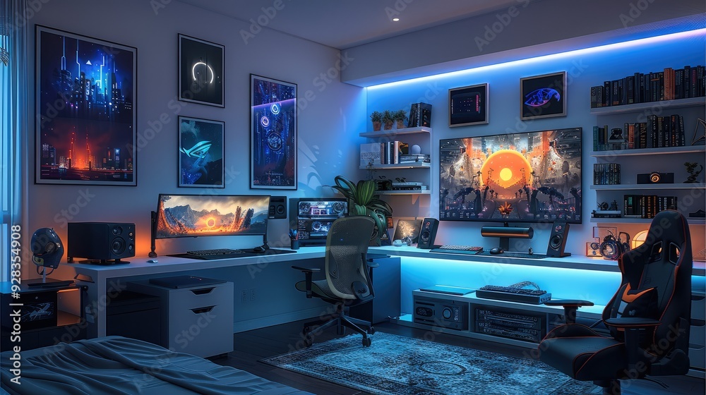 Aufkleber gaming room with a dual-monitor setup on a sleek desk, vibrant led strips along the walls, and a col