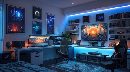 Gaming room with a dual-monitor setup on a sleek desk, vibrant LED strips along the walls, and a collection of gaming memorabilia. Generative AI.