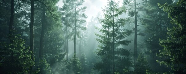 Misty forest with tall pine trees, 4K hyperrealistic photo