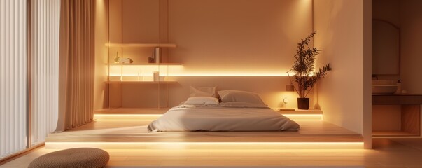 Minimalist bedroom with floating shelves and soft lighting, 4K hyperrealistic photo