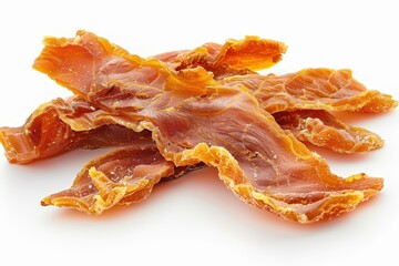 Close up of chicken jerky for dogs on white background