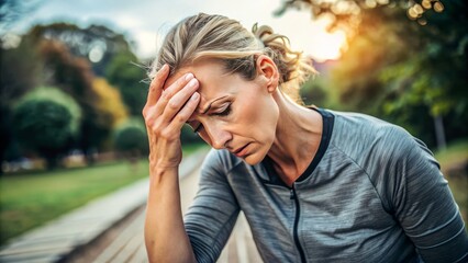A distressed person clutches their forehead, eyes closed in discomfort, as they take a break from outdoor exercise to cope with a sudden, debilitating headache.
