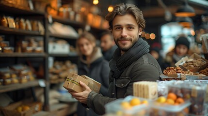 A dynamic shot of volunteers distributing food packages to people in need at a food bank, with a line of recipients and a welcoming atmosphere in the background.
