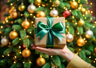 A festively decorated hand cradles a beautifully wrapped gift box adorned with a satin bow, set against a vibrant green Christmas tree backdrop.