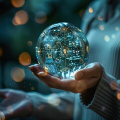 A conceptual image showing a businesswoman hand holding a transparent sphere filled with ESG-related icons. The icons represent innovation, technology, and efficiency, glowing softly within the