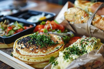 Close up of lunch tray with pancakes salad and sandwich wrapped in paper