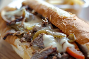 Close up of Philly cheesesteak sandwich