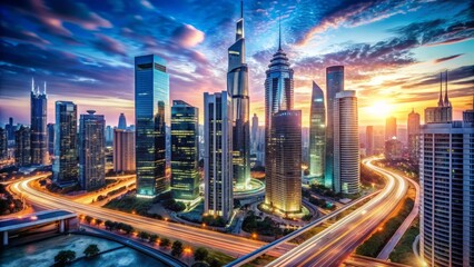 Obraz premium A futuristic cityscape with sleek skyscrapers and bustling streets, symbolizing the fast-paced and interconnected world of global finance and international banking systems.