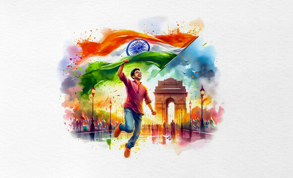 A Watercolor vibrant illustration of A joyful young Indian Man, full of pride and energy, holds a large Indian tricolour National flag above his head in celebration of Independence and Republic Day