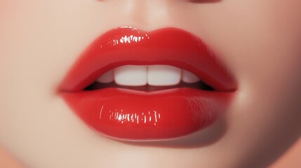 Obraz premium Close up of vibrant red lips with a glossy finish and bright white teeth under soft lighting.