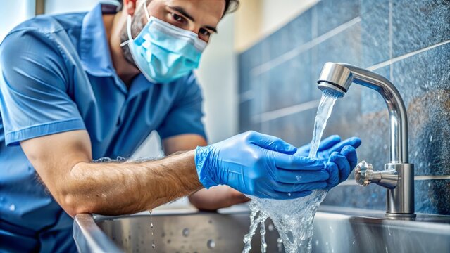 A gloved hand washes under running water, wearing a blue surgical mask, emphasizing safety and hygiene during a pandemic or outbreak.
