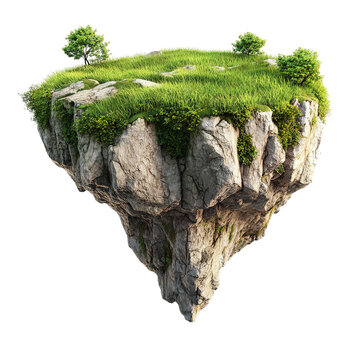 3D Illustration of Flying Paradise Rock Floating Island with Green Grass Field Isolated with PNG Image Vector Illustration	