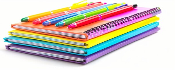 Fototapeta premium Stack of colorful journals with pens and highlighters on white background, 4K hyperrealistic photo