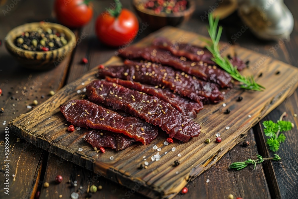 Canvas Prints close up of wooden table with beef jerky and spices on cutting board