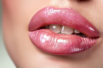 Obraz premium Close up of woman with plump glossy pink lips Enhancement and hydration for beauty and cosmetics