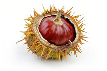 Close up perspective view of a raw edible brown chestnut fruit with peel Commonly used in fall recipes and can be baked boiled cooked or pureed Isolated