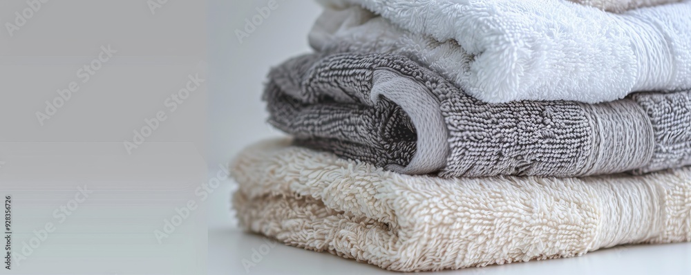 Wall mural soft bath towels stacked on white background, 4k hyperrealistic photo